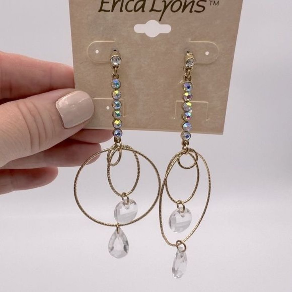 Ab Aurora Borealis Rhinestone, Gold Tone Ring, Dangle Earrings